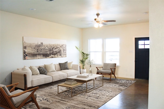 living room with ceiling fan