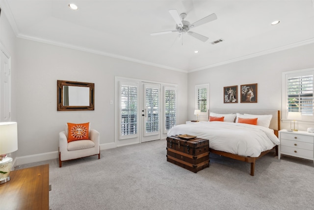 carpeted bedroom with ceiling fan, ornamental molding, and access to exterior