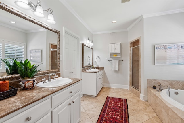 bathroom with tile patterned flooring, crown molding, vanity, and separate shower and tub