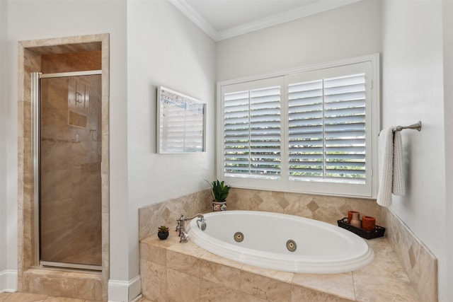 bathroom with independent shower and bath, ornamental molding, and tile patterned floors