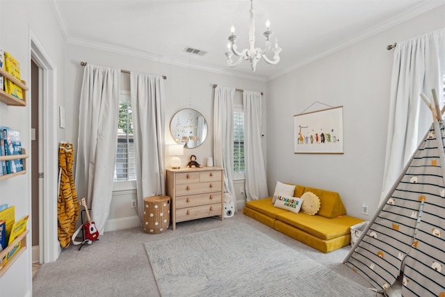 living area with light carpet, an inviting chandelier, and crown molding