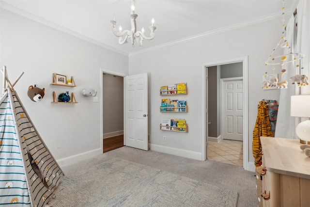 bedroom featuring light carpet, a chandelier, and ornamental molding