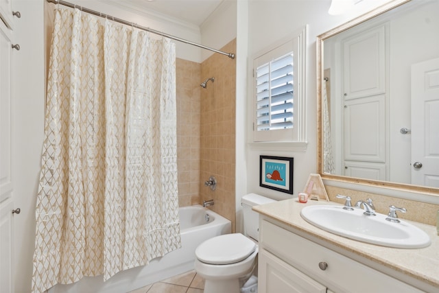 full bathroom with shower / bathtub combination with curtain, tile patterned floors, crown molding, vanity, and toilet