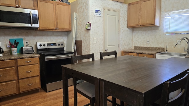 kitchen featuring light wood-type flooring, appliances with stainless steel finishes, and sink