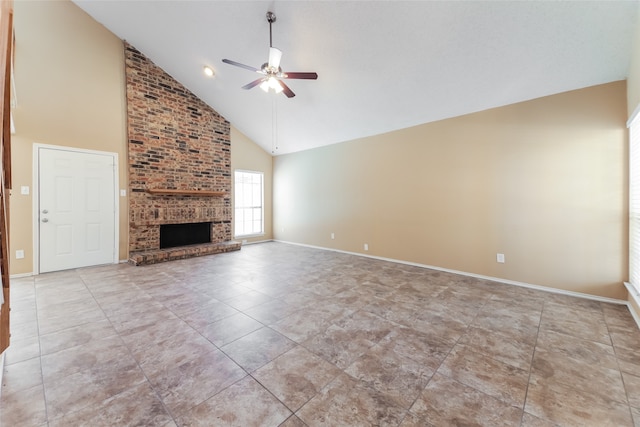 unfurnished living room featuring light tile patterned flooring, ceiling fan, a brick fireplace, and high vaulted ceiling