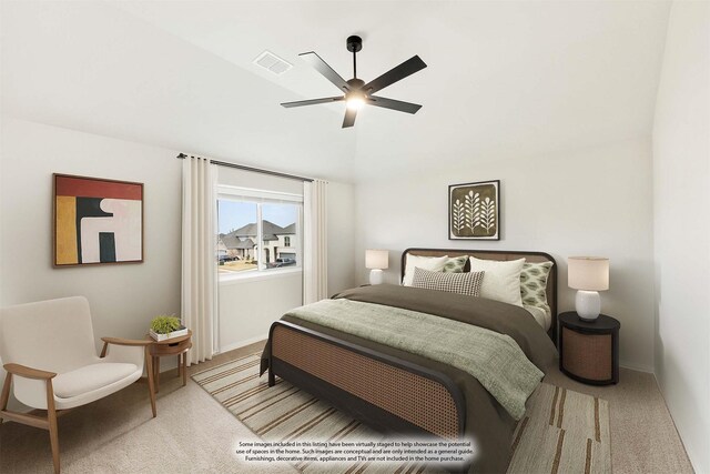 bedroom featuring carpet flooring and ceiling fan