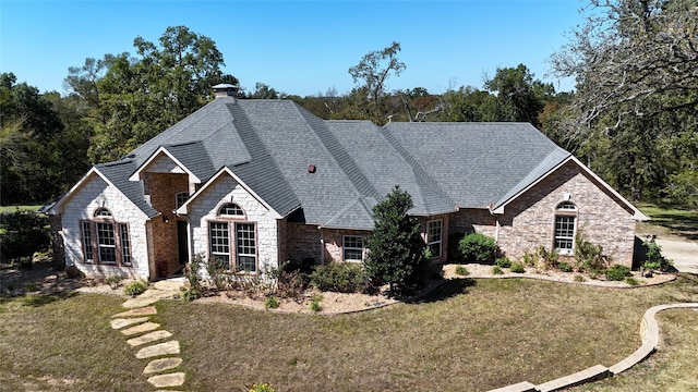 7226 County Road 1504, Athens, TX 75751 - french country home featuring stone siding, a front lawn, a chimney, and roof with shingles