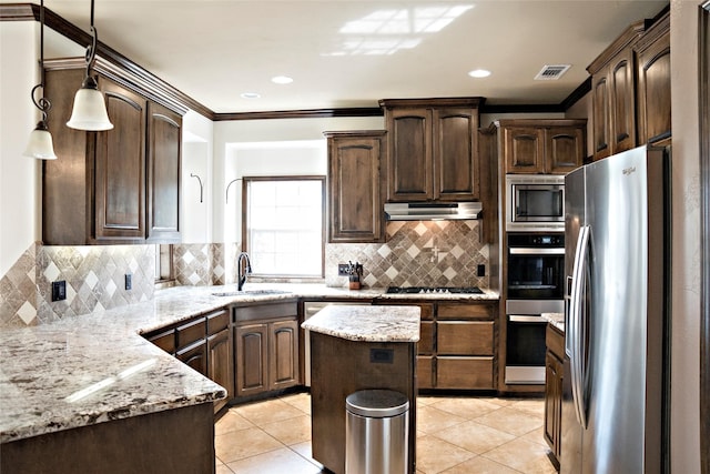 7226 County Road 1504, Athens, TX 75751 - kitchen with appliances with stainless steel finishes, a sink, dark brown cabinetry, range hood, and ornamental molding
