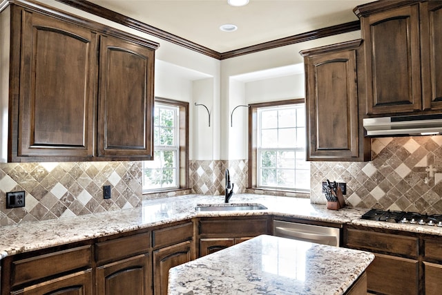 kitchen featuring decorative backsplash, light stone counters, and sink