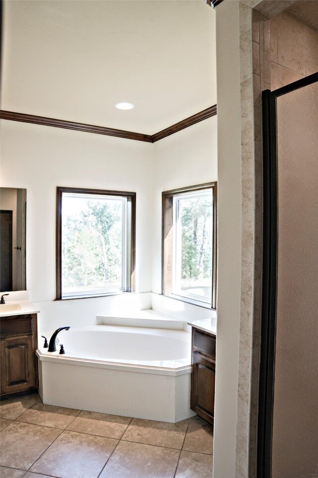 7226 County Road 1504, Athens, TX 75751 - full bath with vanity, a shower stall, a bath, tile patterned floors, and crown molding