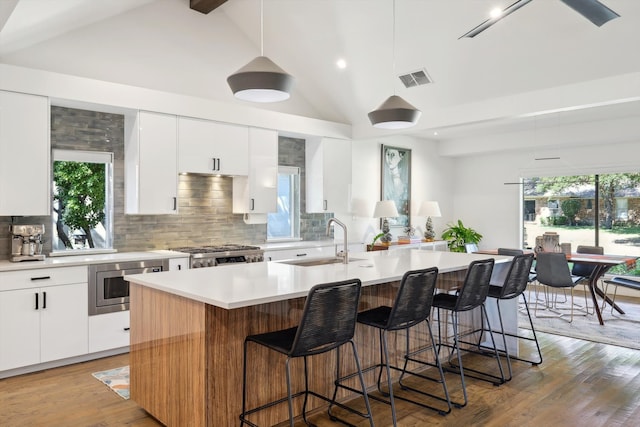 kitchen with stainless steel appliances, light hardwood / wood-style floors, a kitchen island with sink, and sink