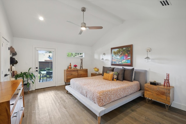 bedroom with lofted ceiling with beams, wood-type flooring, ceiling fan, and access to outside