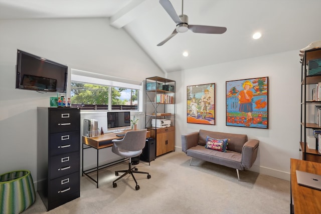 carpeted office with lofted ceiling with beams and ceiling fan