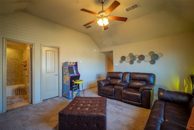 living room featuring lofted ceiling, light carpet, and ceiling fan