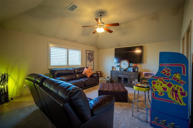 living room featuring ceiling fan, light colored carpet, and vaulted ceiling