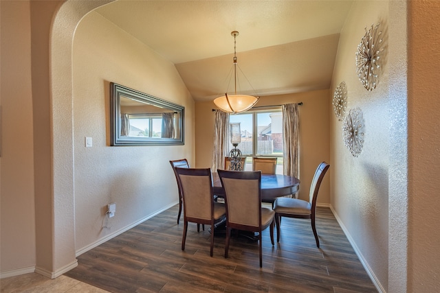 dining room featuring vaulted ceiling and dark hardwood / wood-style flooring