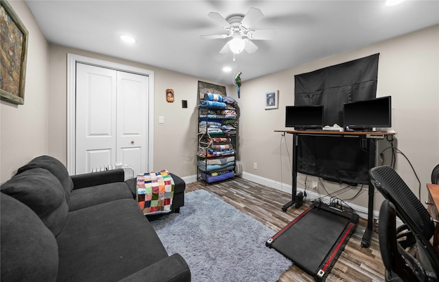 office area with ceiling fan and hardwood / wood-style floors