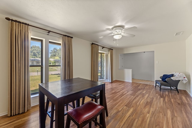 dining room featuring wood-type flooring, ceiling fan, and a textured ceiling