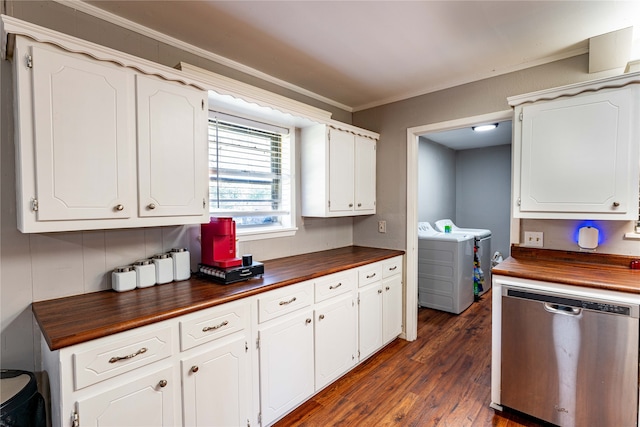 kitchen with washing machine and clothes dryer, dark wood-type flooring, white cabinetry, dishwasher, and crown molding