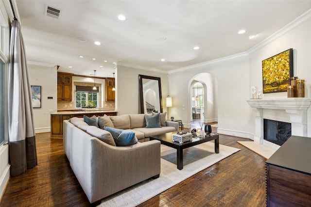 living room with crown molding, dark wood-type flooring, and a high end fireplace