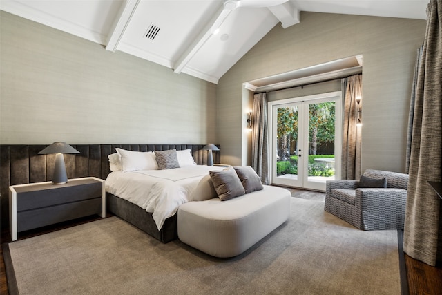 carpeted bedroom with access to exterior, vaulted ceiling with beams, and french doors