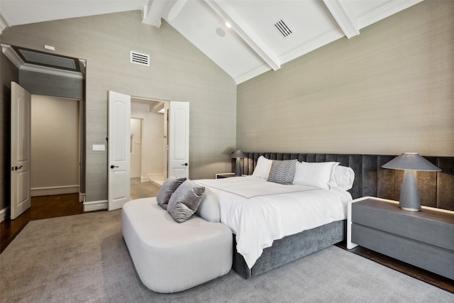 bedroom featuring high vaulted ceiling, beam ceiling, and carpet flooring