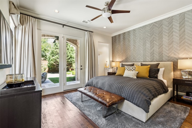 bedroom featuring access to exterior, crown molding, ceiling fan, and dark hardwood / wood-style flooring