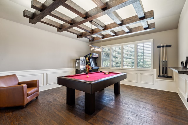 rec room with coffered ceiling, beamed ceiling, pool table, and hardwood / wood-style floors