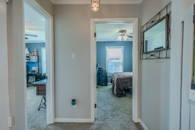 hall featuring light carpet and crown molding