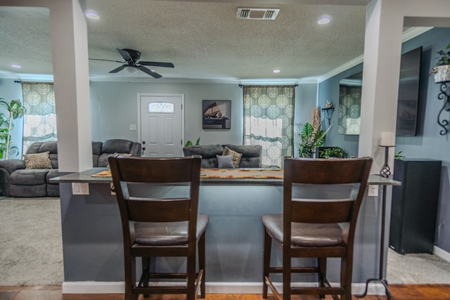 interior space featuring a textured ceiling, crown molding, ceiling fan, and plenty of natural light