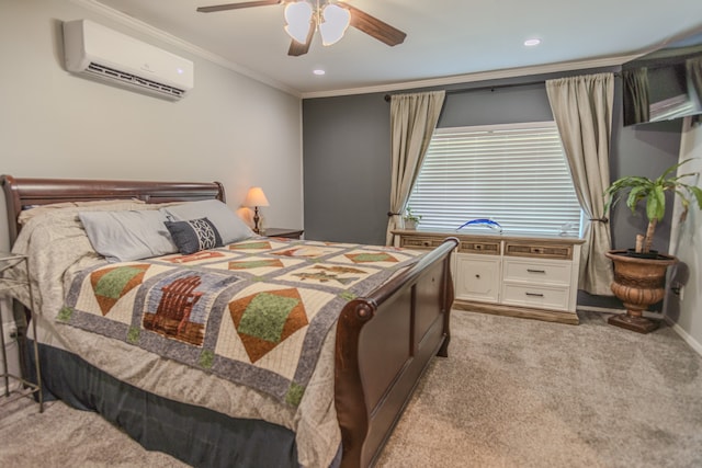 bedroom with light carpet, ornamental molding, ceiling fan, and a wall mounted AC