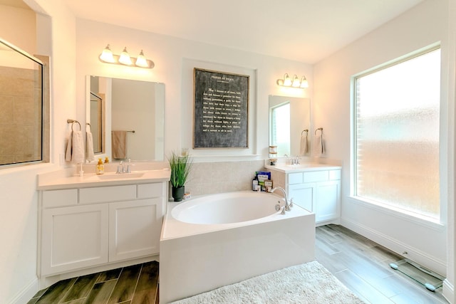 bathroom with a tub to relax in, a wealth of natural light, and vanity