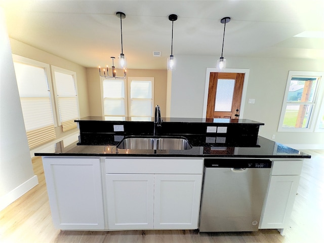 kitchen with a healthy amount of sunlight, a center island with sink, white cabinetry, and dishwasher