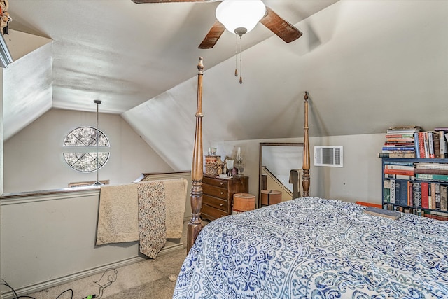 bedroom with lofted ceiling, carpet, and ceiling fan