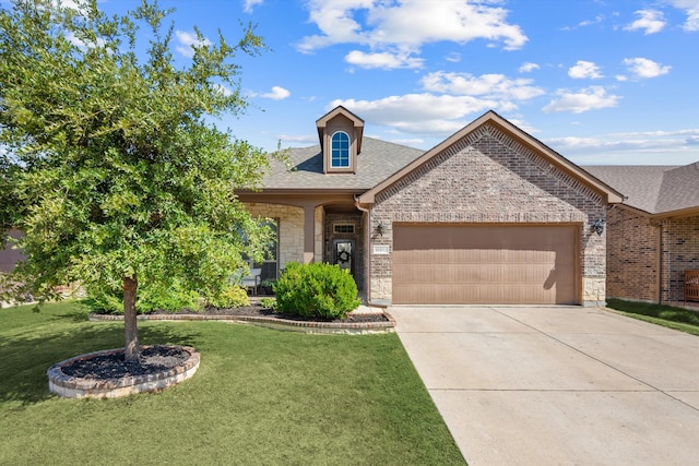 view of front of property with a front yard and a garage