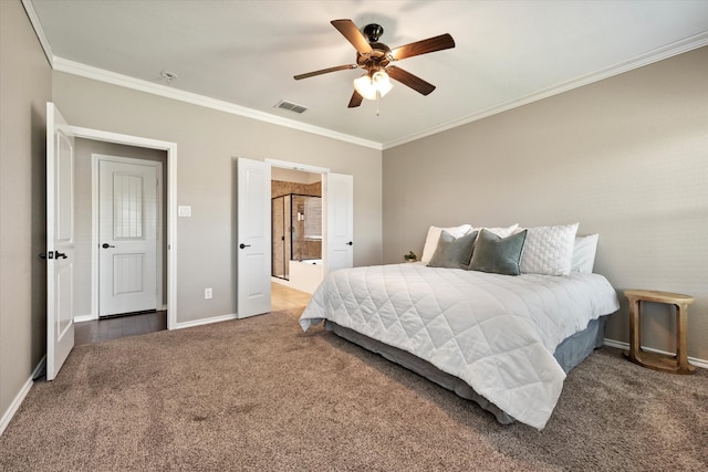 bedroom with carpet, ceiling fan, and crown molding