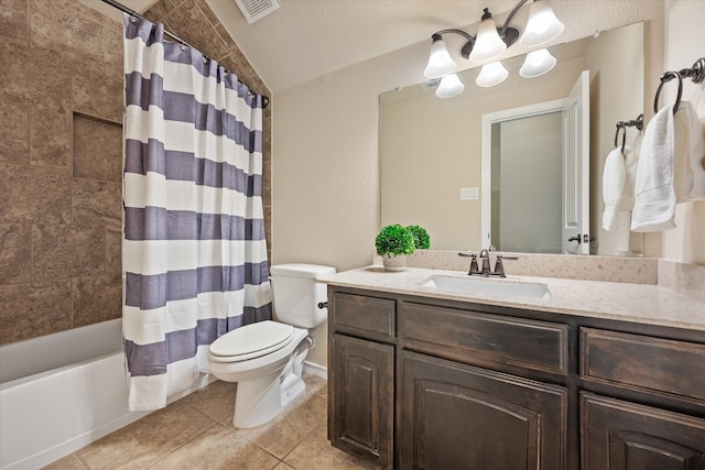 full bathroom with vanity, toilet, shower / bath combo, a textured ceiling, and tile patterned flooring