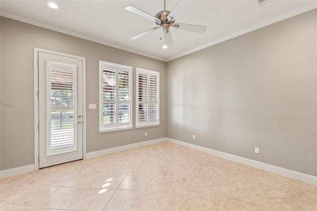 spare room featuring ceiling fan, light tile patterned flooring, and crown molding