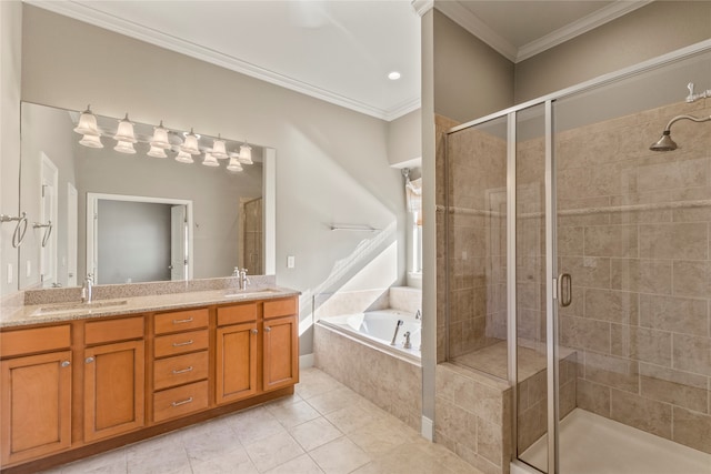 bathroom with tile patterned floors, vanity, crown molding, and independent shower and bath