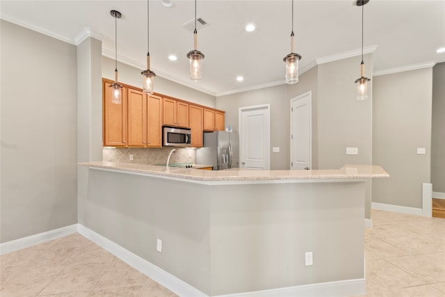 kitchen with backsplash, ornamental molding, appliances with stainless steel finishes, decorative light fixtures, and kitchen peninsula