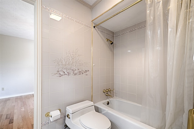 bathroom featuring toilet, shower / tub combo, wood-type flooring, tile walls, and a textured ceiling