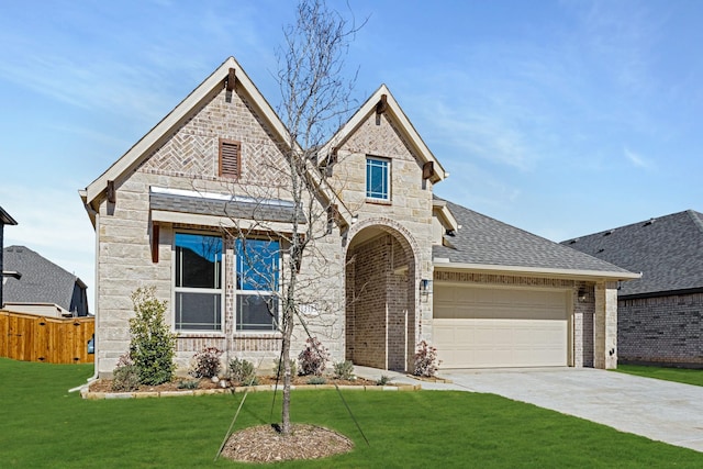 view of front of house with a garage and a front lawn