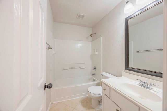 full bath featuring visible vents, toilet, tile patterned floors, vanity, and bathtub / shower combination