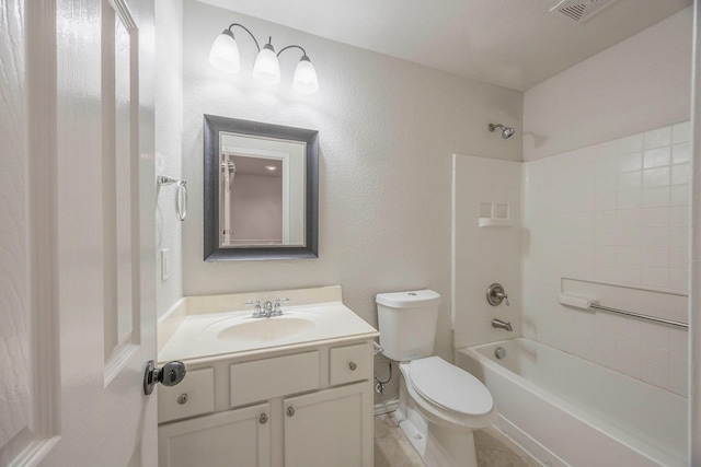 bathroom featuring a textured wall, visible vents, toilet, vanity, and bathtub / shower combination
