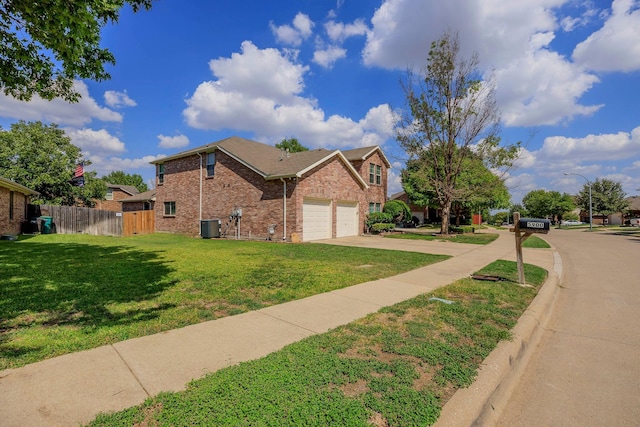 view of property exterior with brick siding, fence, central AC unit, and an attached garage