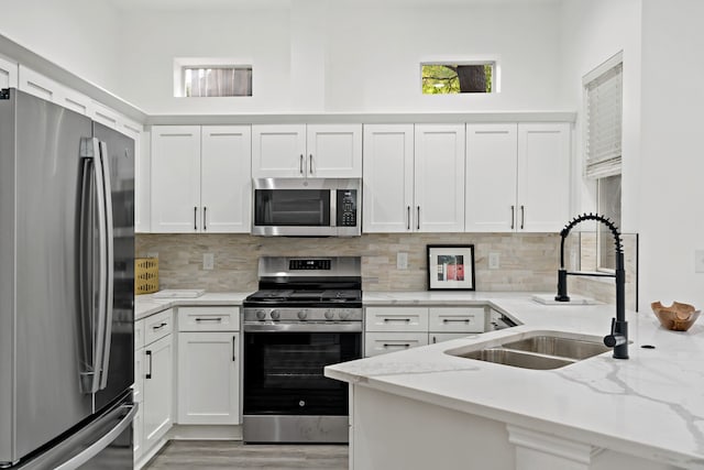 kitchen featuring appliances with stainless steel finishes, white cabinetry, light stone counters, backsplash, and sink