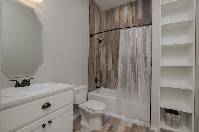 full bathroom featuring shower / bath combination with curtain, wood-type flooring, vanity, and toilet