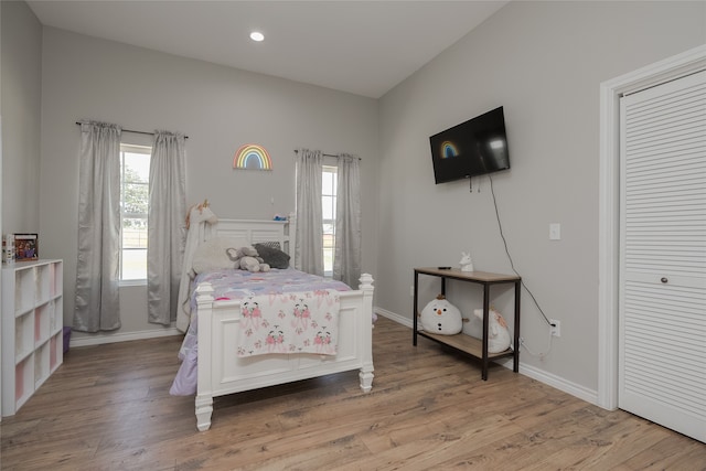 bedroom with multiple windows and wood-type flooring