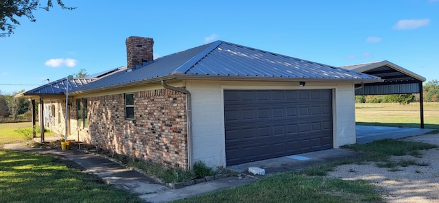 view of property exterior with a lawn and a garage