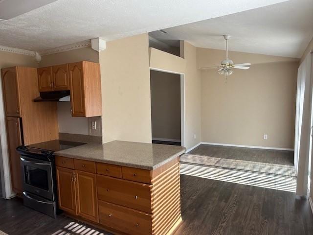 kitchen with ceiling fan, dark wood-type flooring, black / electric stove, a textured ceiling, and lofted ceiling